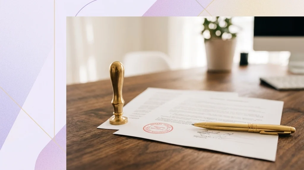 Professional notary public completing a mobile signing appointment with official documents and paperwork